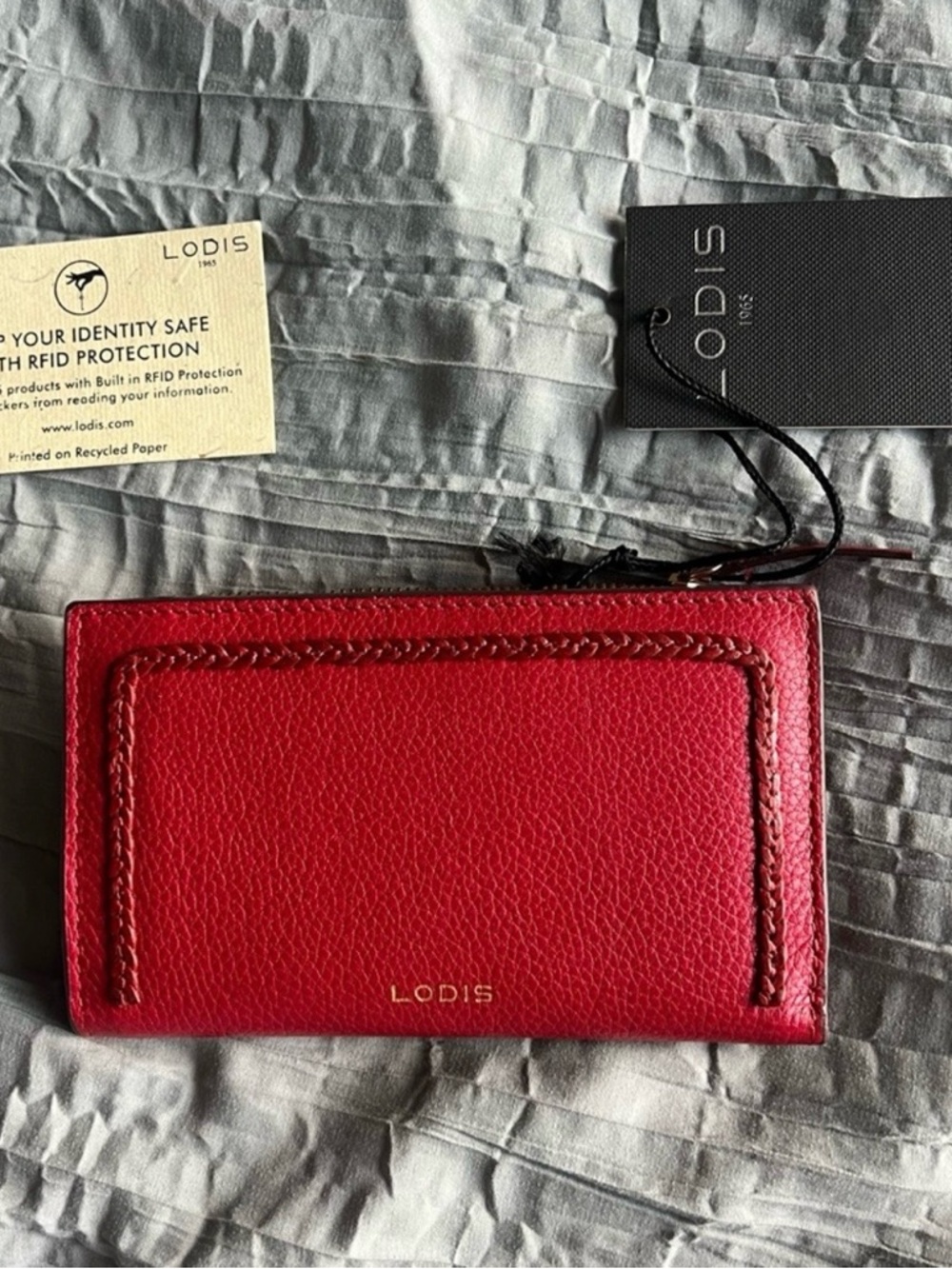 Lodis Red Pebbled Leather RFID Card Case with Front Pocket